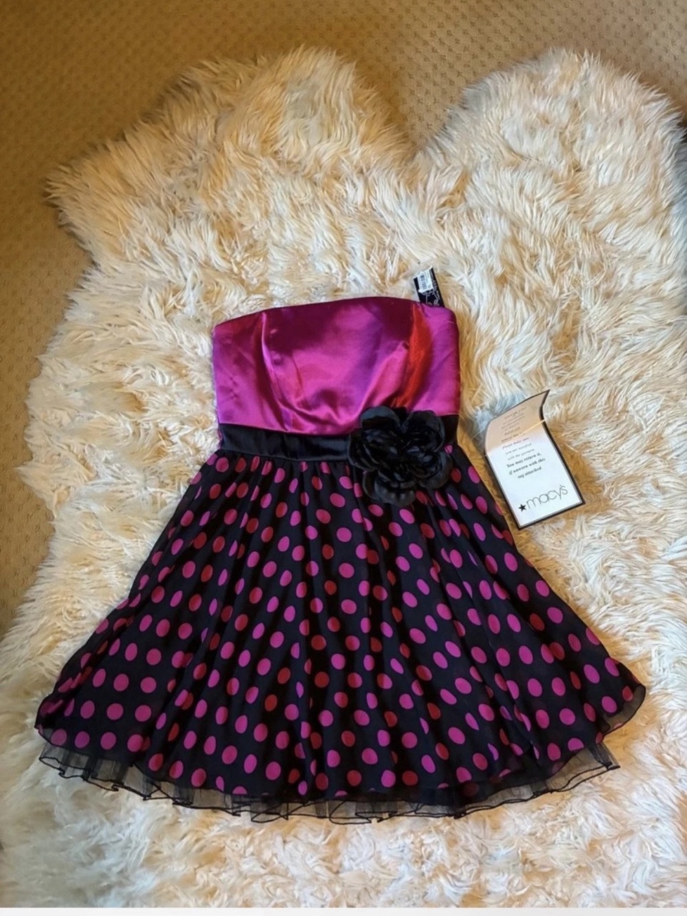Trixxi Girls Size 7 Fit & Flare Strapless Magenta & Black Polka Dot Party Dress
